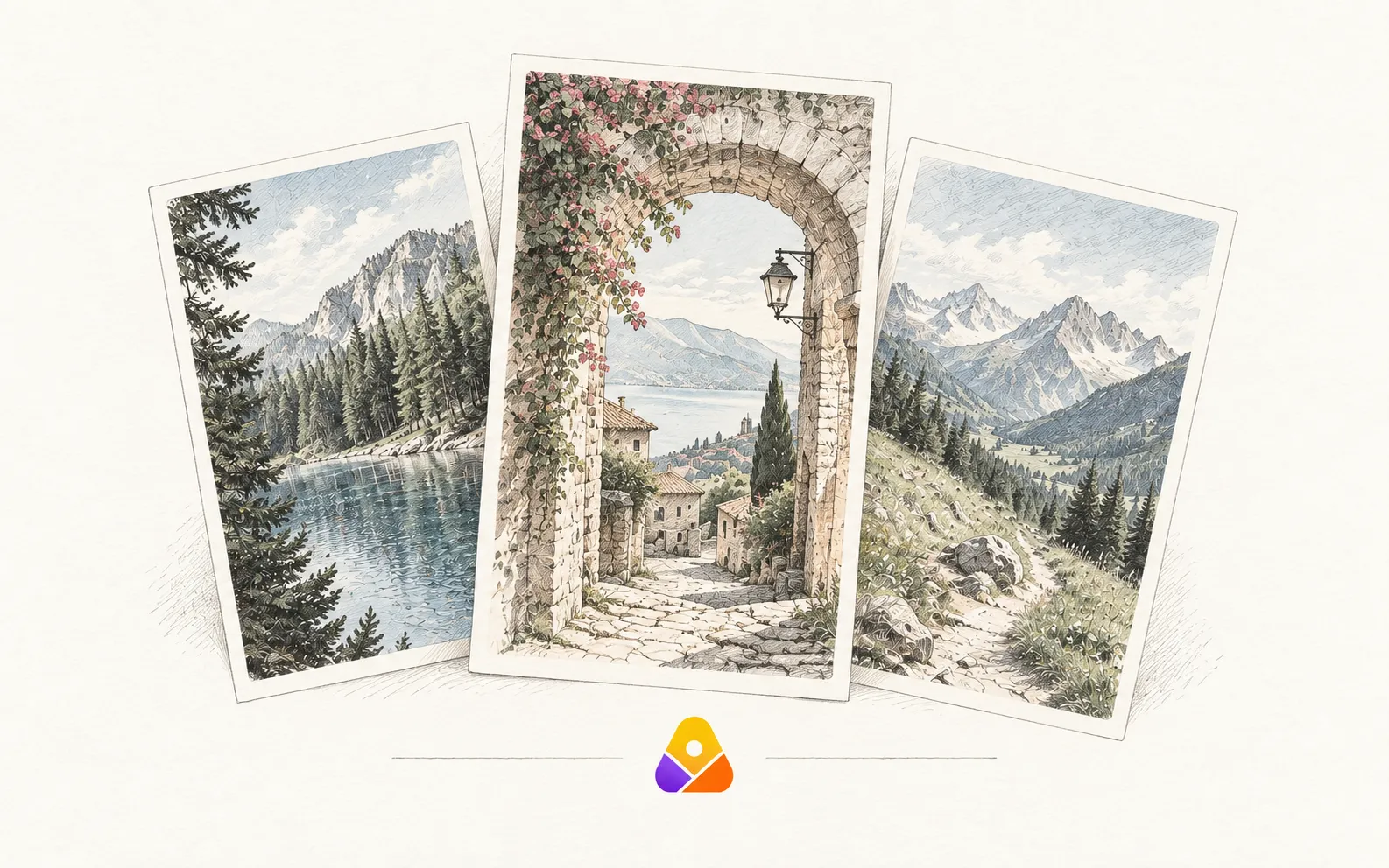 Fine drawings of a lake, stone arch and alpine landscape with the Explo app icon.