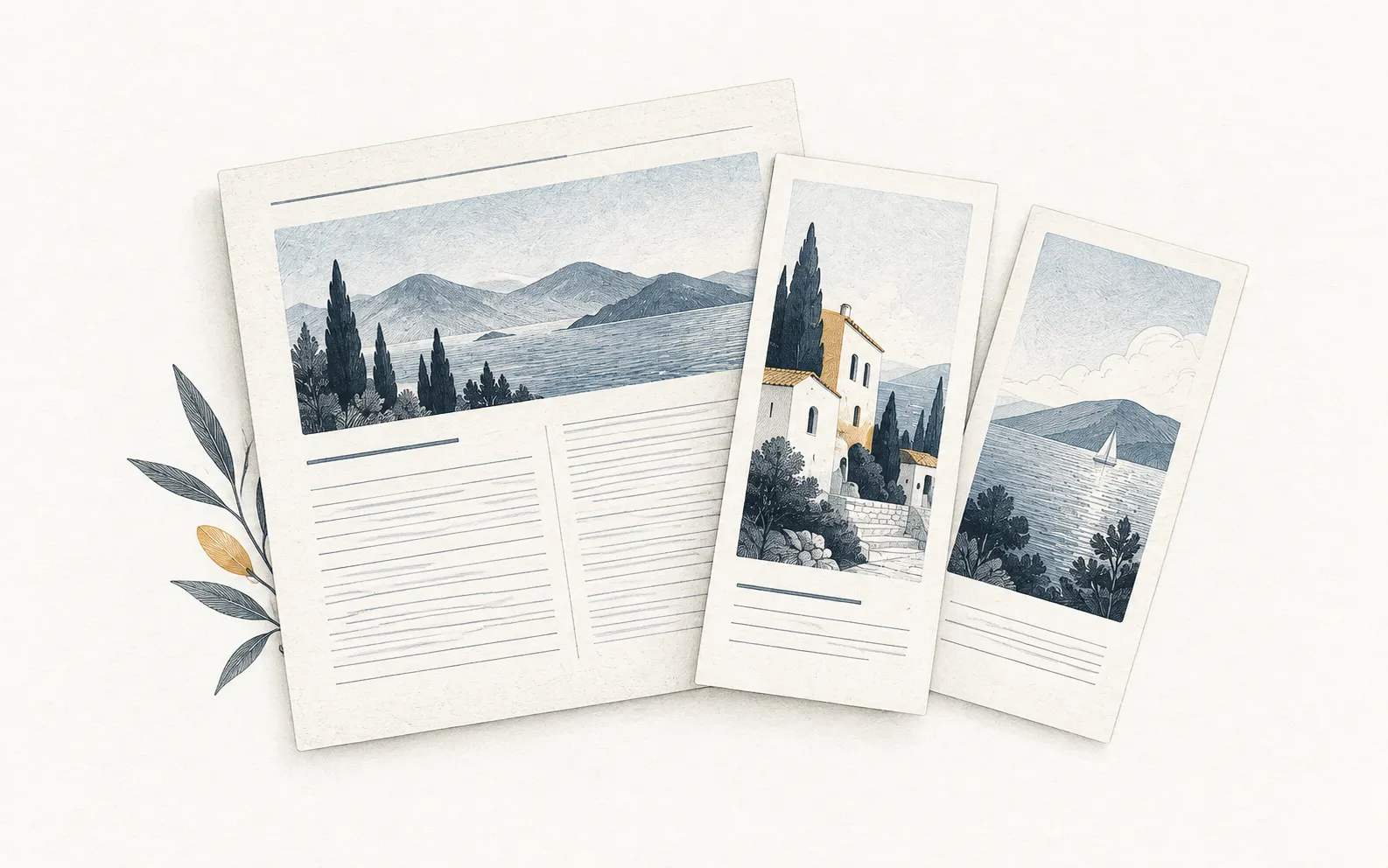 Editorial sheets and landscape clippings drawn in slate ink with small ochre accents.