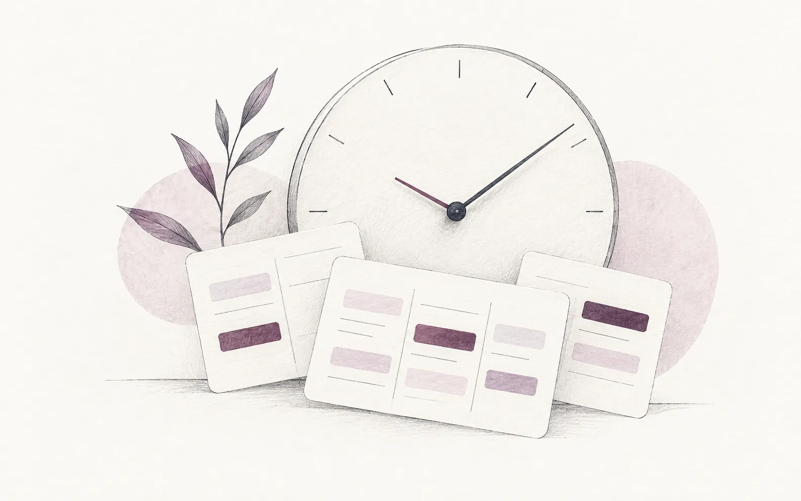 Fine ink illustration of a clock and time-block cards with muted plum accents.